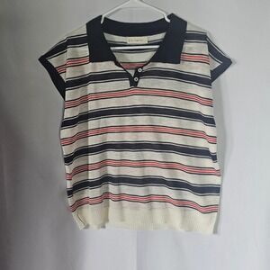 By Together Striped‎ Knit Top Polo Collar Short Sleeve Ivory Red Black M